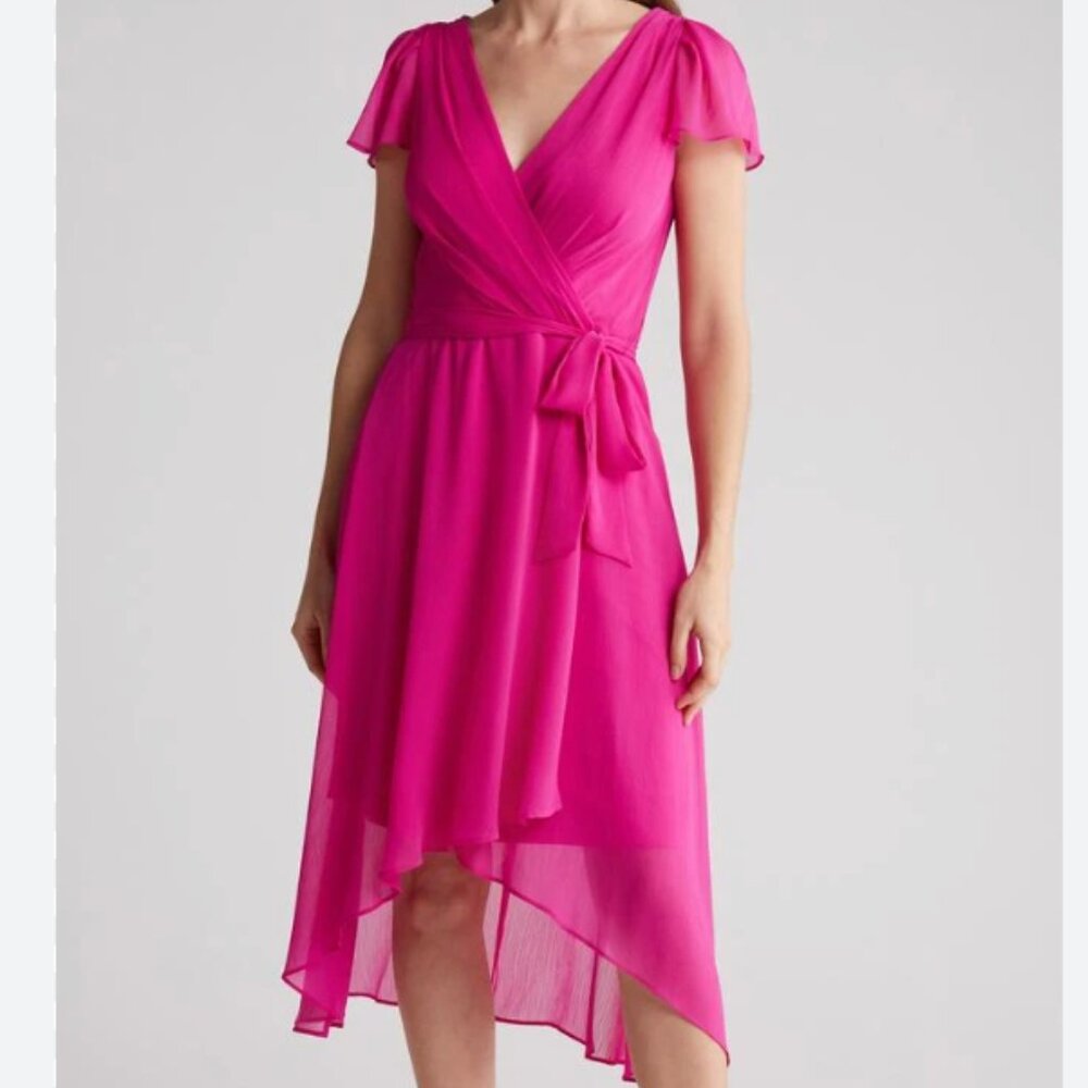 DKNY Flutter Sleeve Faux Wrap Dress in POWER PINK